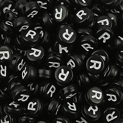 DHARIS 100 Stück 4 × 7 mm schwarze runde Acryl-Alphabet-Buchstaben-Perlen Buchstabe R-Perlen für die Schmuckherstellung, Armbänder, Halsketten, Schlüsselanhänger (R-100 Stück) von DHARIS