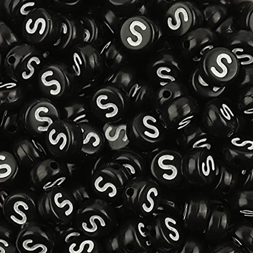 DHARIS 100 Stück 4 × 7 mm schwarze runde Acryl-Alphabet-Buchstaben-Perlen Buchstabe S-Perlen für die Schmuckherstellung, Armbänder, Halsketten, Schlüsselanhänger (S-100 Stück) von DHARIS