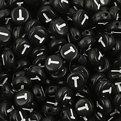 DHARIS 100 Stück 4 × 7 mm schwarze runde Acryl-Alphabet-Buchstaben-Perlen Buchstabe T-Perlen für die Schmuckherstellung, Armbänder, Halsketten, Schlüsselanhänger (T-100 STÜCKE) von DHARIS