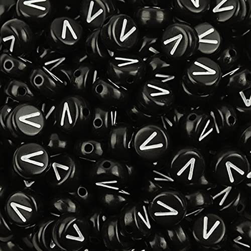 DHARIS 100 Stück 4 × 7 mm schwarze runde Acryl-Alphabet-Buchstaben-Perlen Buchstabe V-Perlen für die Schmuckherstellung, Armbänder, Halsketten, Schlüsselanhänger (V-100 STÜCKE) von DHARIS