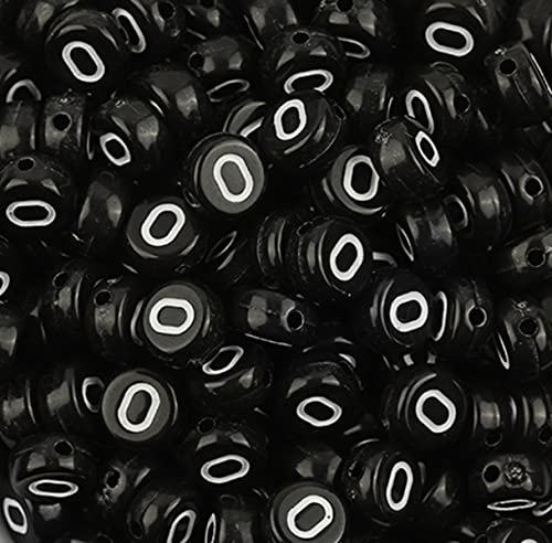 DHARIS 100 Stück 4 × 7 mm schwarze runde Acryl-Alphabet-Buchstaben-Perlen Vokal-Buchstaben-O-Perlen für die Schmuckherstellung, Armbänder, Halsketten, Schlüsselanhänger (O-100 Stück) von DHARIS