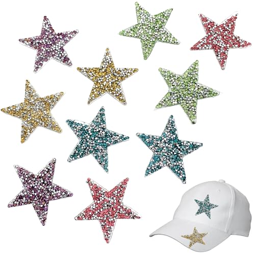 DHER Applikation Multicolor Strass Aufnäher zum Aufbügeln Patch Patches Aufnäher Strass 10 stück fünfzackiger Stern Hot Diamond Patch, farbiges Sternmuster, Bügelflecken, Schuhe, Hüte, Stoffflecken von DHER