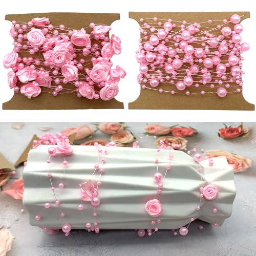 DHER 10m dekorative Perlenkette+Rose Perlenkette,Dekoband mit Perlen Rosen Perlenband DIY Blumengirlande dekorative Perlenkette,Kopfschmuck Haarschmuck Verkettung Perlendraht dekorative (Rosa) von DHER
