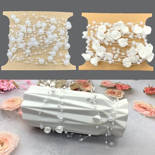 DHER 10m dekorative Perlenkette+Rose Perlenkette,Dekoband mit Perlen Rosen Perlenband DIY Blumengirlande dekorative Perlenkette,Kopfschmuck Haarschmuck Verkettung Perlendraht dekorative (Weiße) von DHER