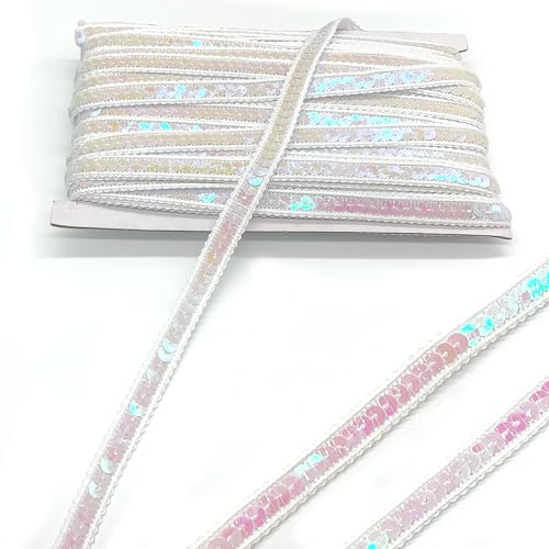 DHER 25 Meter langes Pailletten-Dekorband, 12 mm Paillettenband, Glitzer Paillettenband Paillette Trim Bänder Pailetten Bordüre Stoff Paillettenbesatz, glitzerndes Paillettenband (Farbe weiß) von DHER