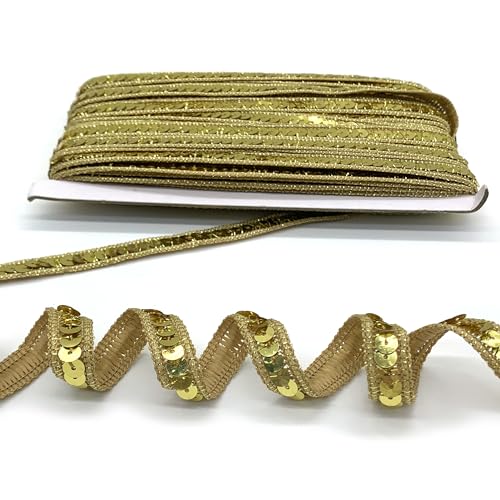 DHER 25 Meter langes Pailletten-Dekorband, 12 mm Paillettenband, Glitzer Paillettenband Paillette Trim Bänder Pailetten Bordüre Stoff Paillettenbesatz, glitzerndes Paillettenband (Gold) von DHER