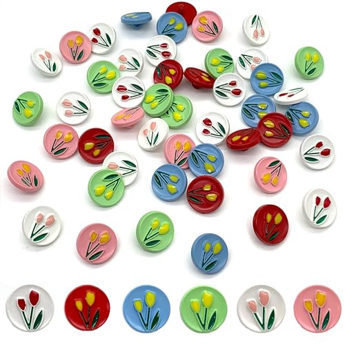 DHER 48 Stück kleine frische Blumenknöpfe, Candy Farben Kleine Knöpfe Dekorative Knopf bunte süße handgenähte Knöpfe, Haarschmuck Schmuck Kleidung dekorative süße (Tulpen, 18mm) von DHER