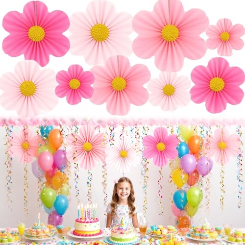 DHER 9 Stück Set Papier Blumenfächer Papierblumen Deko Hängend 3D Blumen Hängendekoration für Party, Geburtstag, Hochzeit, Tischdekoration, Gartendekoration (Rosa) von DHER