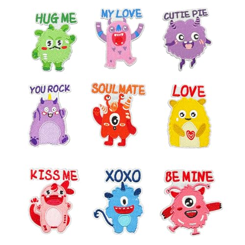 DHER Aufnäher zum Aufbügeln Bügelflicken Kinder Patches Zum Aufbügeln 9 Stück niedliche Stickerei Aufkleber, niedliche Monster gestickt Stoff Aufkleber, trendige Kleidung Stickerei Aufkleber (A) von DHER