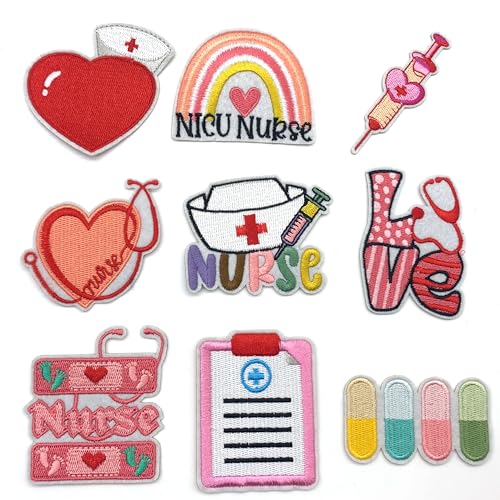 DHER Bestickter Stoffaufnäher Patches Zum Aufbügeln Bügelbilder Aufnäher Bestickte Aufnäher 9 Stück Cartoon medizinische Versorgung bestickt Stoff Patch, Cartoon Herz Niedliche Form Patch (A) von DHER