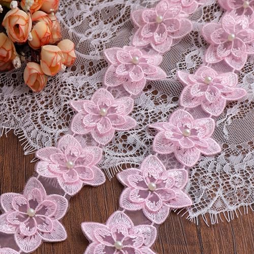 Organza-Blumenstickerei mit Spitzenborte, 4 Meter, Vintage-Rand, Stoff für Hochzeitskleider, DIY-Kleiderdekoration, Heimvorhänge, Nähapplikation für Kleider, Kostüme, Party und Heimverzierung (Rosa) Organza-Blumenstickerei mit Spitzenborte, 4 Meter, Vintage-Rand, Stoff für Hochzeitskleider, DIY-Kleiderdekoration, Heimvorhänge, Nähapplikation für Kleider, Kostüme, Party und Heimverzierung (Rosa) von DHFLYDH