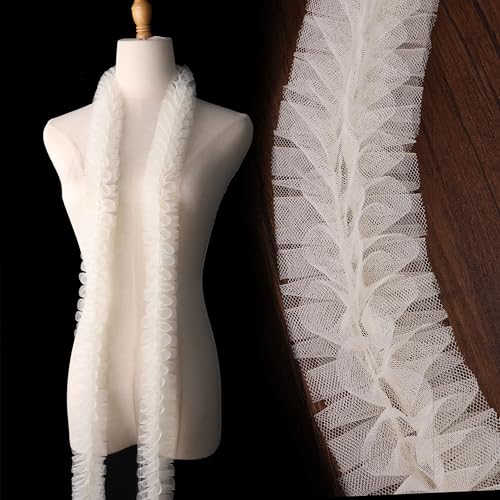 Spitzen-Rüschenborte, Netzstoff, plissiert, Chiffon, Spitzenborte, 6,1 cm, plissierter Rand, Spitzenband, Tüllbesatz, Stoffband für Kleider, Kleidungsstücke und Handwerk (Elfenbein) von DHFLYDH