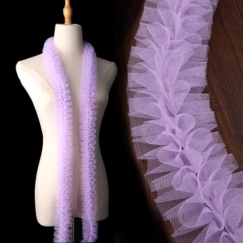 Spitzen-Rüschenborte, Netzstoff, plissiert, Chiffon, Spitzenborte, 6,1 cm, plissierter Rand, Spitzenband, Tüllbesatz, Stoffband für Kleider, Kleidungsstücke und Handwerk (Violett) von DHFLYDH