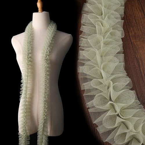 Spitzen-Rüschenborte, Netzstoff, plissiert, Chiffon, Spitzenborte, 6,1 cm, plissierter Rand, Spitzenband, Tüllbesatz, Stoffband für Kleider, Kleidungsstücke und Handwerk (grün) von DHFLYDH