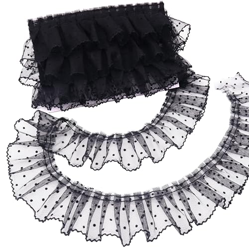 Spitzenband mit Rüschen, Punkte, zum Nähen, Basteln, 6,1 cm x 4,5 m, einlagig, plissierter Rand, Spitzenband (schwarz) von DHFLYDH