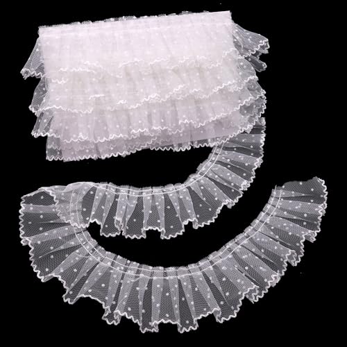 Spitzenband mit Rüschen, Punkte, zum Nähen, Basteln, 6,1 cm x 4,5 m, einlagig, plissierter Rand, Spitzenband (weiß) von DHFLYDH