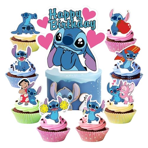 25 Stück Blau Tortendeko,Cartoon Blau Kuchen Deko Geburtstagsdeko Jungen Mädchen, 1 Happy Birthday Cake Topper + 25 Cupcake Topper, für Geburtstagsfeier, Baby Shower von DHRUTI