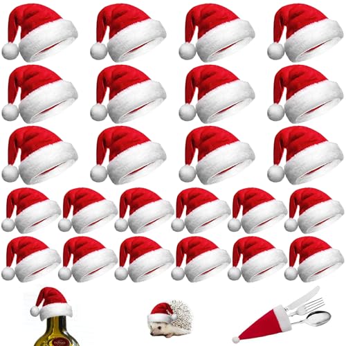DHRUTI 24 Stück Mini Weihnachtsmütze deko,Weihnachtsdeko Nikolausmütze Klein,Weihnachten Weinflasche Abdeckung,Lutscher Candy Abdeckung,Weihnachten Bestecktasche für Tischdekoration,2 Größen von DHRUTI