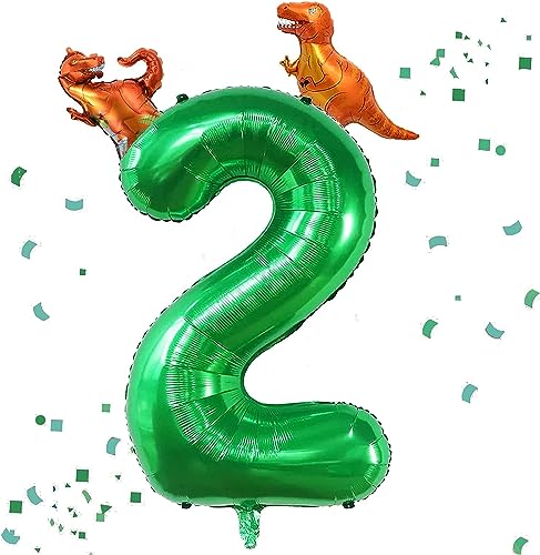 Geburtstag Zahlen Luftballon 2 jahre, Riesige-Dunkelgrün Folienballon 2 mit Dinosaurier, Helium Zahlenballon 2, für 2. Geburtstagsdeko, Hochzeit, Jubiläum,Party Dekoration von DHRUTI