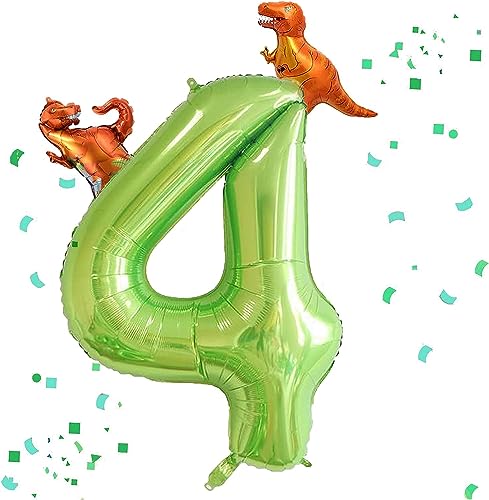 Geburtstag Zahlen Luftballon 4 jahre, Riesige-Grün Folienballon 4 mit Dinosaurier, Helium Zahlenballon 4, für 4. Geburtstagsdeko, Hochzeit, Jubiläum,Party Dekoration von DHRUTI