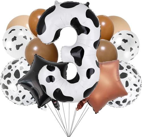 Kuh Deko 3 Jahre Geburtstag, 13PCS Highland Cow Party Ballons, Number 3 Luftballons Geburtstag,Westernkuh Geburtstagsdeko 3 jahre Junge Mädchen,Hochlandkuh Luftballons für Bauernhof geburtstag deko von DHRUTI