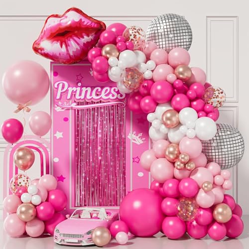 Rosa Luftballons Girlande, 130 Stück Pink Rosa Gold Ballons und Herzlippe Discokugel Folienballons,Rosa Party Ballons für Mädchen Prinzessin Geburtstagsdeko,Babyparty, Hochzeit Partydeko von DHRUTI