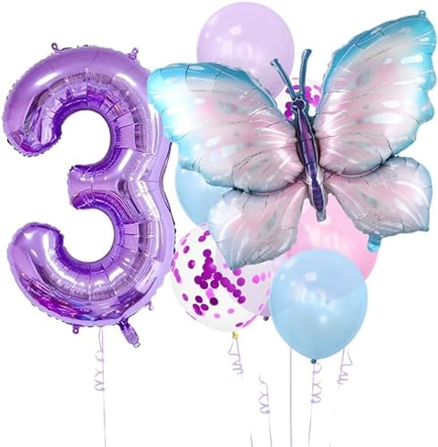 Schmetterling Deko Geburtstag, 9PCS Lila Schmetterling Ballons, Luftballons 3. geburtstag, Schmetterling Party Ballons Folienballon für Geburtstag Party Dekorationen von DHRUTI