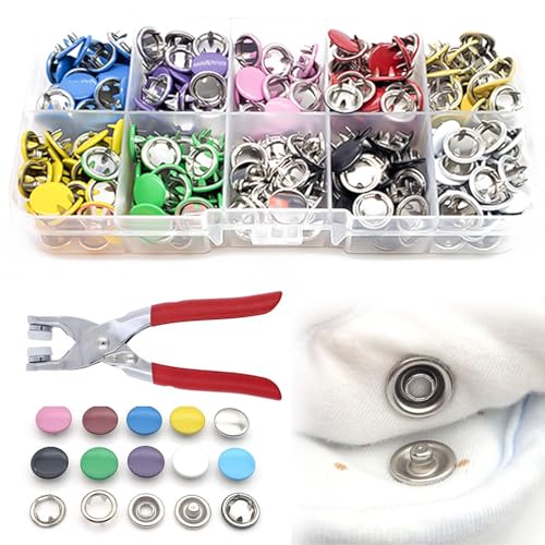 100-teiliges Druckknopf-Verschluss-Set, 9,5 mm, Metall-Druckknöpfe, Werkzeug mit Druckzange, 10 farbige Druckknöpfe, kein Nähen, für handgemachtes Basteln 100-teiliges Druckknopf-Verschluss-Set, 9,5 mm, Metall-Druckknöpfe, Werkzeug mit Druckzange, 10 farbige Druckknöpfe, kein Nähen, für handgemachtes Basteln von DHSWNNG
