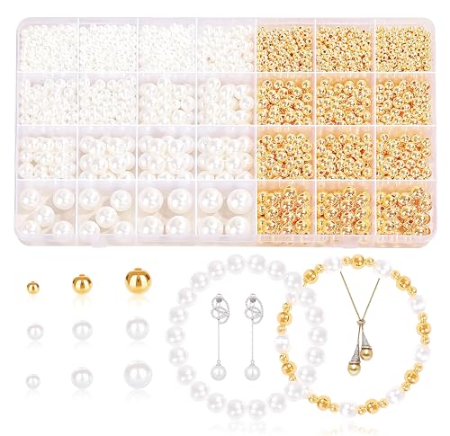 Bastelperlen zum Auffädeln, 1200 Stück Gold Weiß Runde Perlen mit Loch zum Basteln 4/6/8/10/12mm Perlenset Schmuckperlen Abstandsperlen für Basteln Schmuckherstellung Bastelperlen zum Auffädeln, 1200 Stück Gold Weiß Runde Perlen mit Loch zum Basteln 4/6/8/10/12mm Perlenset Schmuckperlen Abstandsperlen für Basteln Schmuckherstellung von DHSWNNG