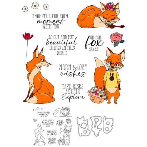 Fox Stempel und Stanzformen für Kartenherstellung, Tierblumen, transparentes Silikon, klare Stempel und Metall-Stanzformen, Sets für DIY, Scrapbooking, Papierbasteln, Siegel, dekoratives Zubehör von DHVTESN