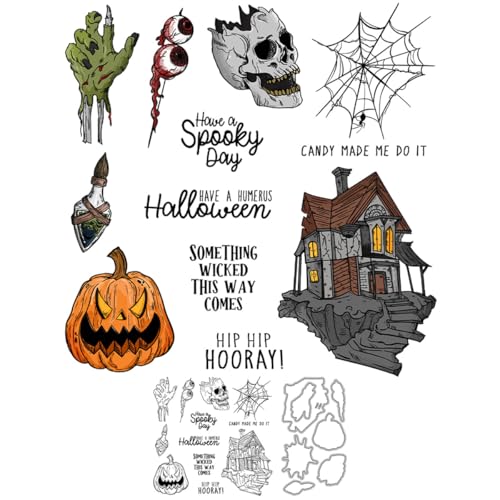 Halloween-Spukhaus-Stempel und Stanzformen für Kartenherstellung, Totenkopf-Augäpfel, transparentes Silikon, klare Stempel und Metall-Stanzformen, Sets für DIY, Scrapbooking, Papierbasteln, Siegel von DHVTESN