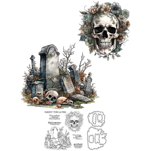Halloween-Totenkopf-Stempel und Stanzformen für Kartenherstellung, Grabstein, transparenter Silikonstempel und Metall-Stanzformen, Sets für DIY, Scrapbooking, Papierbasteln, Siegel, dekoratives Halloween-Totenkopf-Stempel und Stanzformen für Kartenherstellung, Grabstein, transparenter Silikonstempel und Metall-Stanzformen, Sets für DIY, Scrapbooking, Papierbasteln, Siegel, dekoratives von DHVTESN