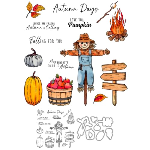 Herbst-Vogelscheuchen-Stempel und Stanzformen für Kartenherstellung, Apfel, Kürbis, transparenter Silikon-Stempel und Metall-Stanzformen, Sets für DIY, Scrapbooking, Papierbasteln, Siegel, dekoratives Herbst-Vogelscheuchen-Stempel und Stanzformen für Kartenherstellung, Apfel, Kürbis, transparenter Silikon-Stempel und Metall-Stanzformen, Sets für DIY, Scrapbooking, Papierbasteln, Siegel, dekoratives von DHVTESN