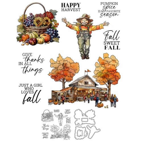 Herbsternte Stempel und Stanzformen für Kartenherstellung, Kürbis, Obst, Vogelscheuche, transparentes Silikon, klare Stempel und Metall-Stanzformen, Sets für DIY, Scrapbooking, Papierbasteln, Siegel von DHVTESN