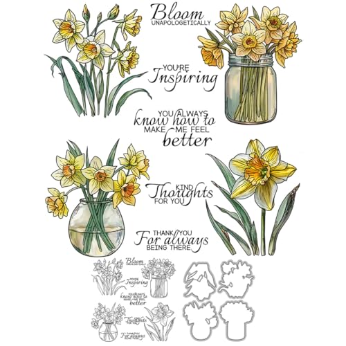 Narzissen-Blumen-Stempel und Stanzformen für Kartenherstellung, Vase, transparentes Silikon, klarer Stempel und Metall-Stanzformen-Sets für DIY, Scrapbooking, Papierbasteln, Dichtungen, dekoratives von DHVTESN