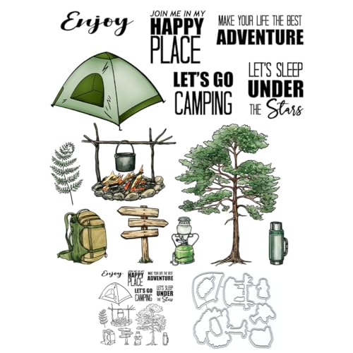 Outdoor Camping Stempel und Stanzformen für Kartenherstellung, Zelt, Wasserflasche, transparentes Silikon, klarer Stempel und Metall-Stanzformen-Sets für DIY, Scrapbooking, Papierbasteln, Dichtungen Outdoor Camping Stempel und Stanzformen für Kartenherstellung, Zelt, Wasserflasche, transparentes Silikon, klarer Stempel und Metall-Stanzformen-Sets für DIY, Scrapbooking, Papierbasteln, Dichtungen von DHVTESN