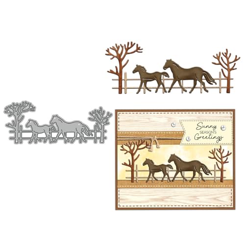 Pferdestanzformen für Kartenherstellung, Zaun, Baum, Metall-Stanzformen-Sets für DIY, handgemachtes Scrapbooking, Papierbasteln, Festivals, Album, Party, Hochzeit, dekoratives Zubehör von DHVTESN