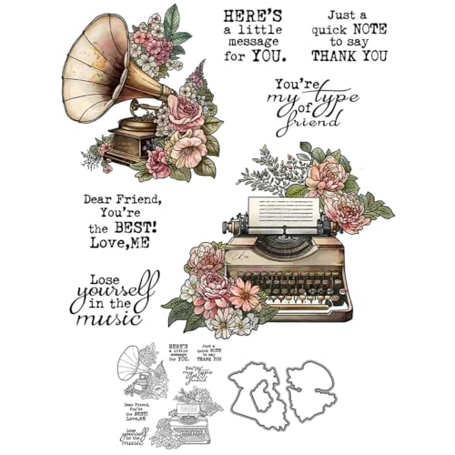 Phonograph-Stempel und Stanzformen für Kartenherstellung, Schreibmaschine, transparentes Silikon, klare Stempel und Metall-Stanzformen, Sets für DIY, Scrapbooking, Papierbasteln, Dichtungen von DHVTESN