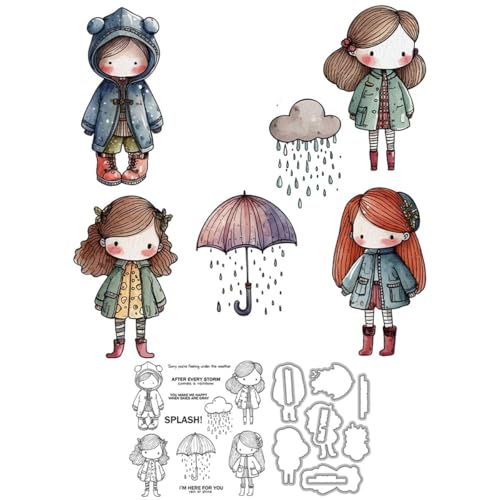 Rainy Day Mädchen Stempel und Stanzformen für Kartenherstellung, Regenschirm, Regenstiefel, transparenter Silikonstempel und Metall-Stanzformen, Sets für DIY, Scrapbooking, Papierbasteln, Siegel von DHVTESN
