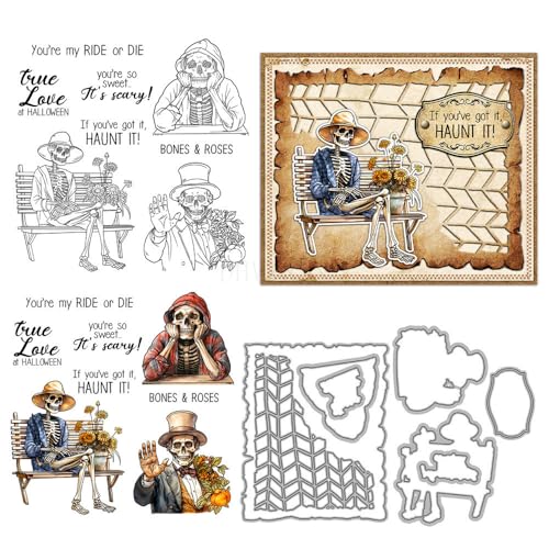 Skelett-Stempel und Stanzformen für Kartenherstellung, Halloween, Kürbis, transparenter Silikonstempel und Metall-Stanzformen, Sets für DIY, Scrapbooking, Papierbasteln, Siegel, dekoratives Zubehör Skelett-Stempel und Stanzformen für Kartenherstellung, Halloween, Kürbis, transparenter Silikonstempel und Metall-Stanzformen, Sets für DIY, Scrapbooking, Papierbasteln, Siegel, dekoratives Zubehör von DHVTESN