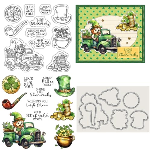 St. Patrick's Auto-Stempel und Stanzformen für Kartenherstellung, Grün-Gold-Münzpfeife, transparenter Silikon-Stempel und Metall-Stanzformen-Sets für DIY, Scrapbooking, Papierbasteln, Siegel St. Patrick's Auto-Stempel und Stanzformen für Kartenherstellung, Grün-Gold-Münzpfeife, transparenter Silikon-Stempel und Metall-Stanzformen-Sets für DIY, Scrapbooking, Papierbasteln, Siegel von DHVTESN