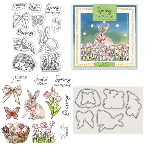 Stempel und Stanzformen für Kartenherstellung, Motiv: Tulpen und Blumen, Osterhasen, transparenter Silikon-Stempel und Metall-Stanzformen, Sets für DIY, Scrapbooking, Papierbasteln, Siegel von DHVTESN