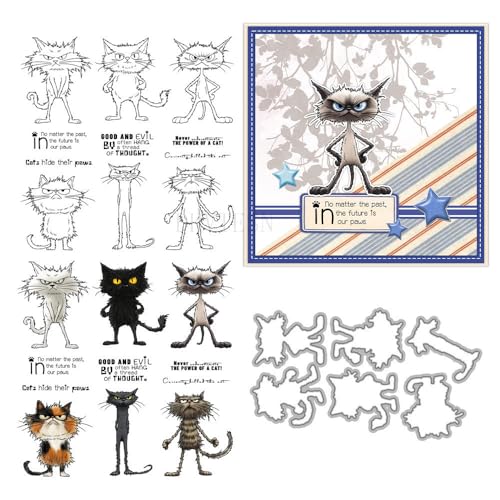 Stempel und Stanzformen für Kartenherstellung, Motiv: freche Katze, transparent, Silikon, transparent, Stempel und Metall-Stanzformen, Sets für DIY, Scrapbooking, Papierbasteln, Siegel, dekoratives von DHVTESN