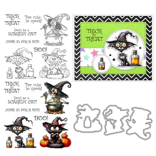 Stempel und Stanzformen mit Hexenhut, Katze, für Kartenherstellung, Halloween, Totenkopf, Kürbis, transparenter Silikonstempel und Metall-Stanzformen, Sets für DIY, Scrapbooking, Papierbasteln, Siegel Stempel und Stanzformen mit Hexenhut, Katze, für Kartenherstellung, Halloween, Totenkopf, Kürbis, transparenter Silikonstempel und Metall-Stanzformen, Sets für DIY, Scrapbooking, Papierbasteln, Siegel von DHVTESN