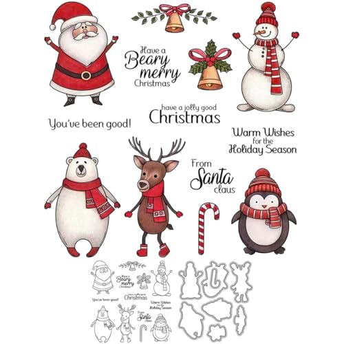 Stempel und Stanzformen mit Weihnachtsmann-Tieren für Kartenherstellung, Schneemann, Sika-Hirsch, transparenter Silikon-Stempel und Metall-Stanzformen-Sets für DIY, Scrapbooking, Papierbasteln, Siegel von DHVTESN