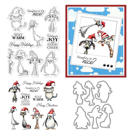 Stempel und Stanzformen mit Weihnachtstieren für Kartenherstellung, Weihnachtsmannmützen, transparenter Silikon-Stempel und Metall-Stanzformen, Sets für DIY, Scrapbooking, Papierbasteln, Siegel von DHVTESN