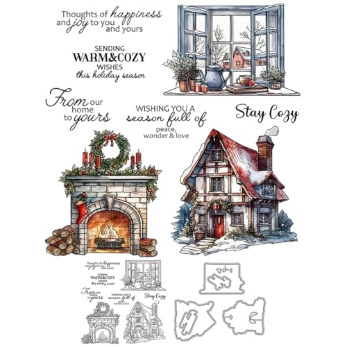 Weihnachts-Iglu-Stempel und Stanzformen für Kartenherstellung, Kaminkranz, transparentes Silikon, klarer Stempel und Metall-Stanzformen, Sets für DIY, Scrapbooking, Papierbasteln, Siegel, dekorative von DHVTESN