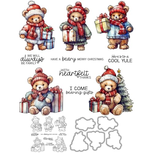 Weihnachtsbär-Stempel und Stanzformen für Kartenherstellung, Weihnachtsmannmütze, Box, transparentes Silikon, klarer Stempel und Metall-Stanzformen, Sets für DIY, Scrapbooking, Papierbasteln, Siegel von DHVTESN