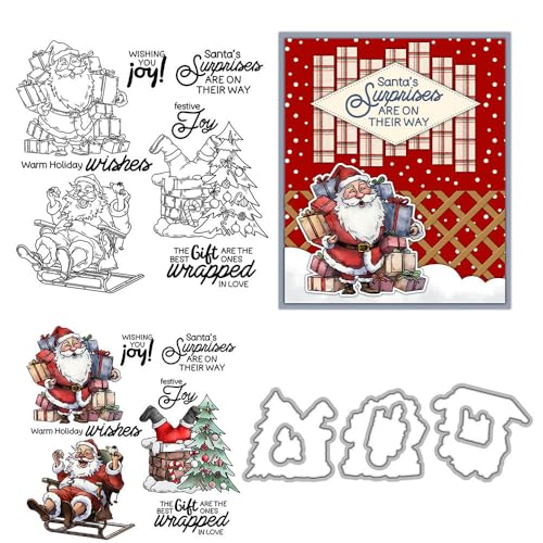 Weihnachtsmann-Stempel und Stanzformen für Kartenherstellung, Weihnachtsschlitten, transparentes Silikon, klare Stempel und Metall-Stanzformen, Sets für DIY, Scrapbooking, Papierbasteln, Siegel von DHVTESN