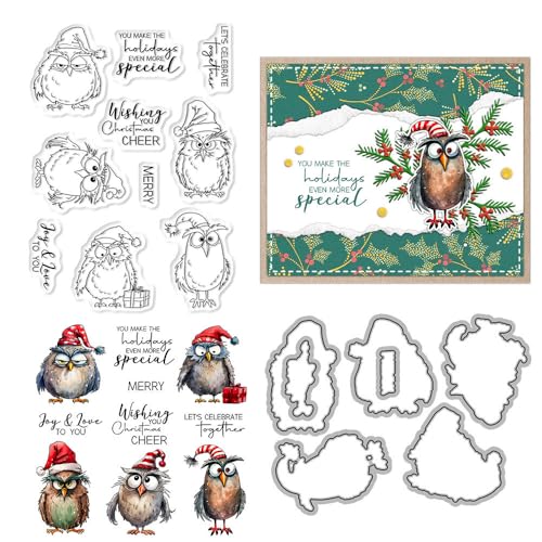 Weihnachtsvogel Stempel und Stanzformen für Kartenherstellung, Weihnachtsmannmütze, transparenter Silikon-Stempel und Metall-Stanzformen, Sets für DIY, Scrapbooking, Papierbasteln, Siegel, dekoratives von DHVTESN